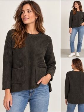 Madewell Olive Ribbed Crewneck Sweater with Front Pockets